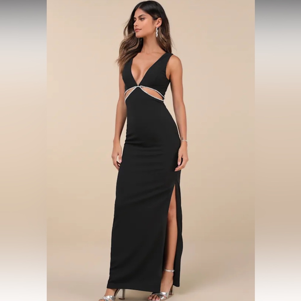 Lulus Beauty Rhinestone Cutout Black‎ Crepe Knit Fabric Sexy Maxi Dress NWT L